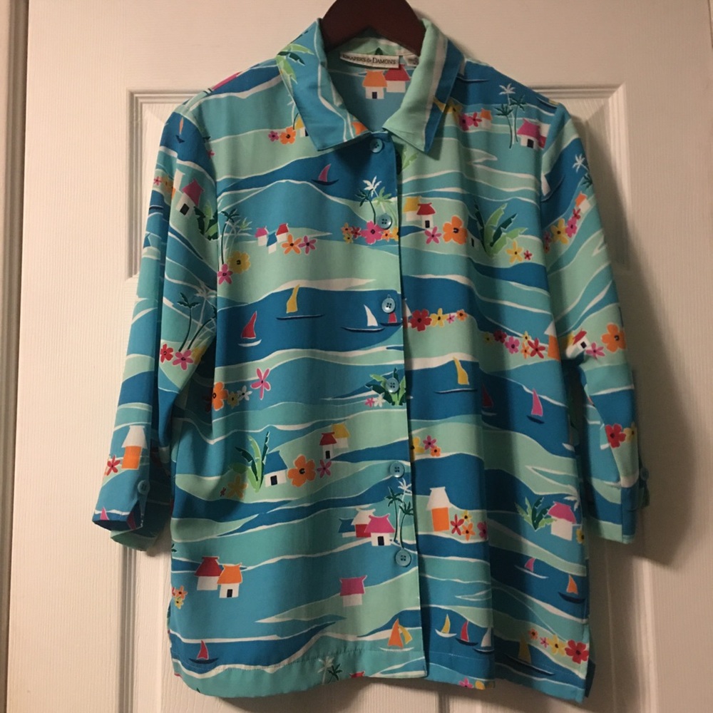 Draper’s & Damon’s Vintage Blue Tropical Floral Sailboat Button Down Shirt